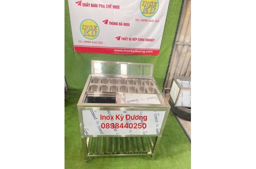 THÙNG ĐÁ INOX CÓ CHÂN KÈM 12 KHAY TOPPING ĐỰNG THẠCH