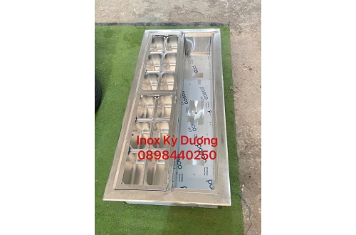 THÙNG ĐÁ INOX CÓ KHAY TOPPING VÀ KHAY ƯỚP LẠNH TRÁI CÂY