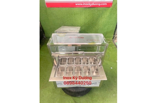 THÙNG ĐÁ INOX GIỮ LẠNH KHAY TOPPING KÈM KỆ KÍNH MỘT TẦNG